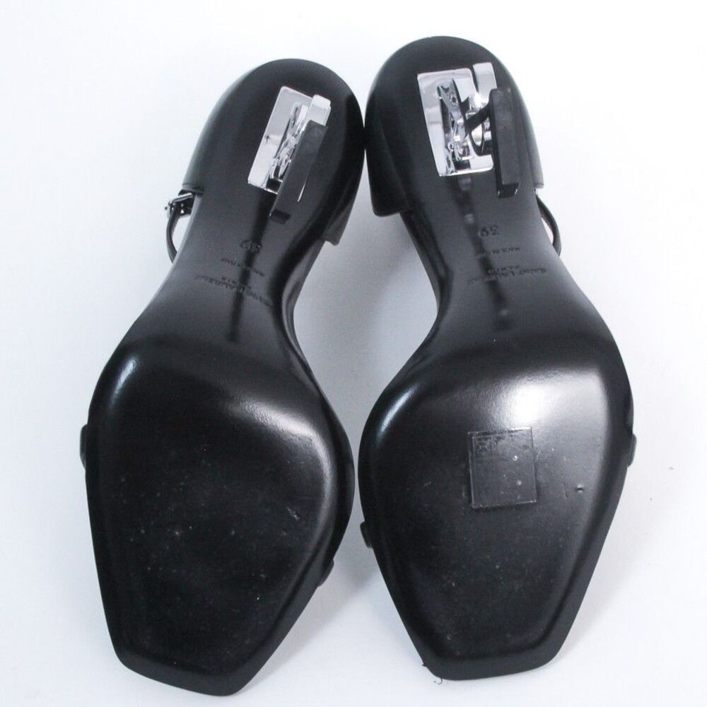 Saint Laurent Opyum Sandals Black Leather Silver YSL Logo Heel Shoes 39 Italy - Picture 11 of 15